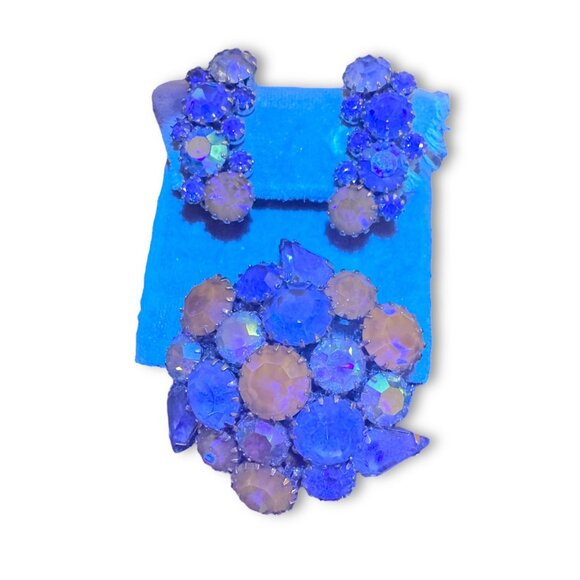 Karu Arke Signed Blue Crystal Brooch Earrings Set Selenium Glow - Picture 2 of 13